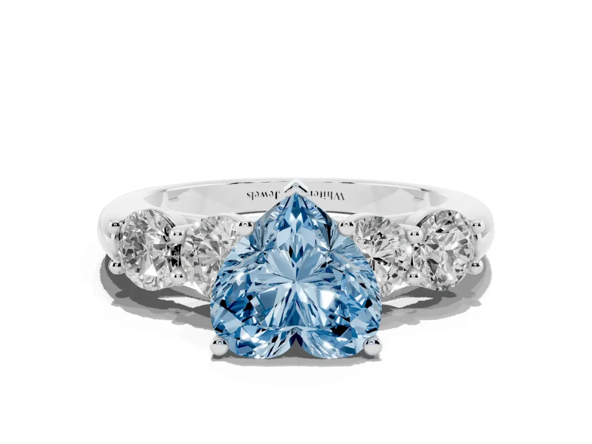 Fancy Blue Heart Cut Cut Five-Stone Prong Set Diamond Ring with Classic Band Silver