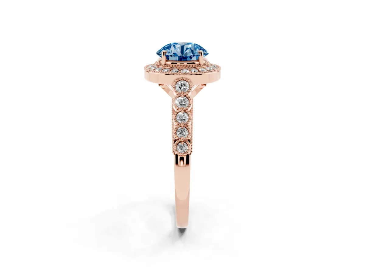 Fancy Blue Round Cut Halo Milgrain Solitaire with Bezel Set Side Stones and Pave Band Rose gold