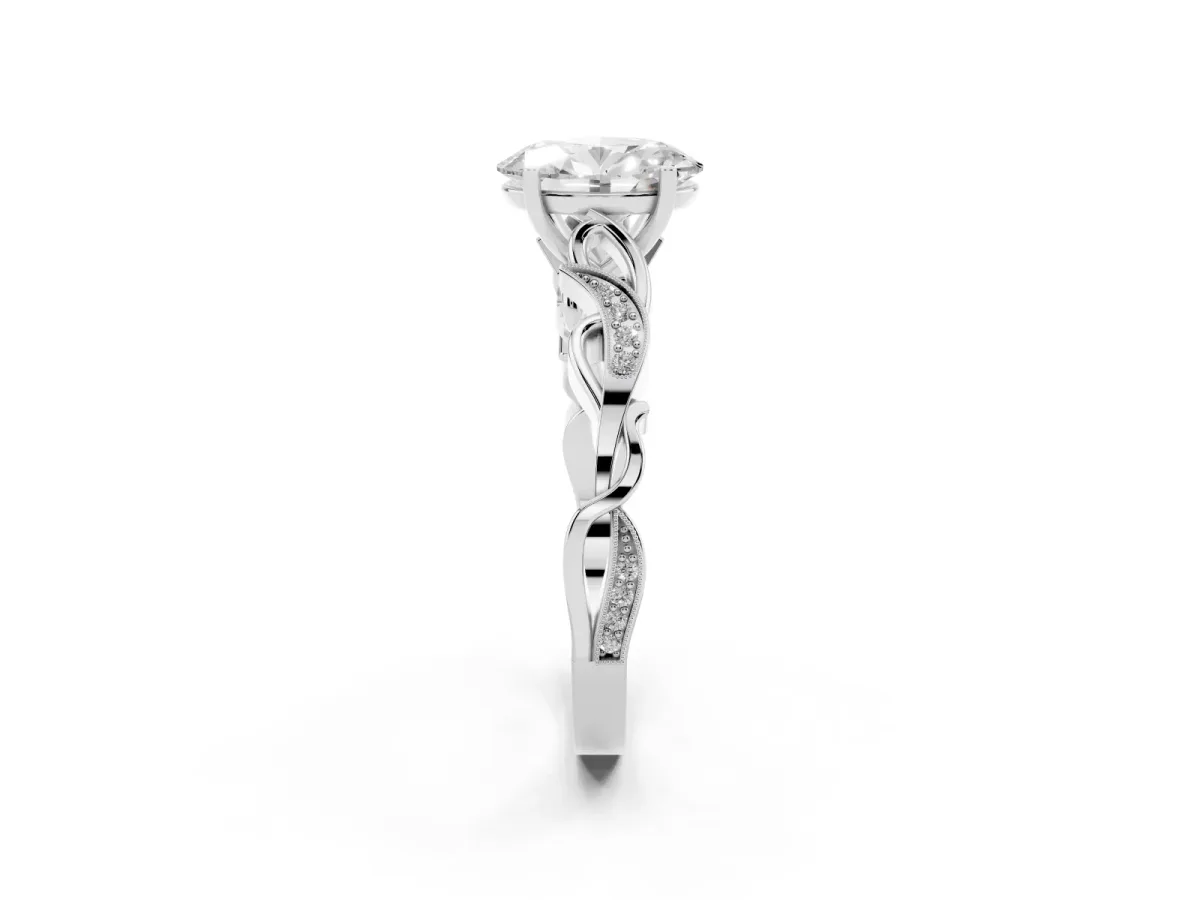 Oval Cut Solitaire Vine Band with Milgrain Prong Setting White gold