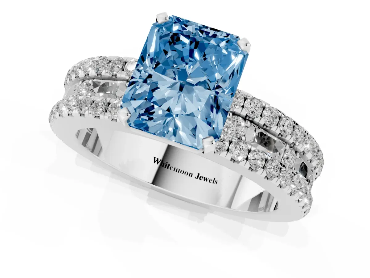 Fancy Blue Radiant Cut Diamond Solitaire Ring with Pavé and Channel Set Band Silver