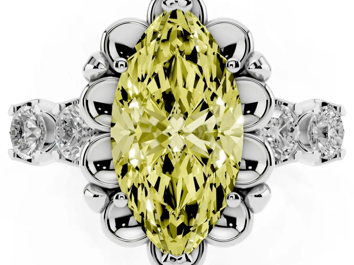 Fancy Yellow Marquise Cut Cut Diamond Floral Halo Engagement Ring with Shared Prong Setting White gold