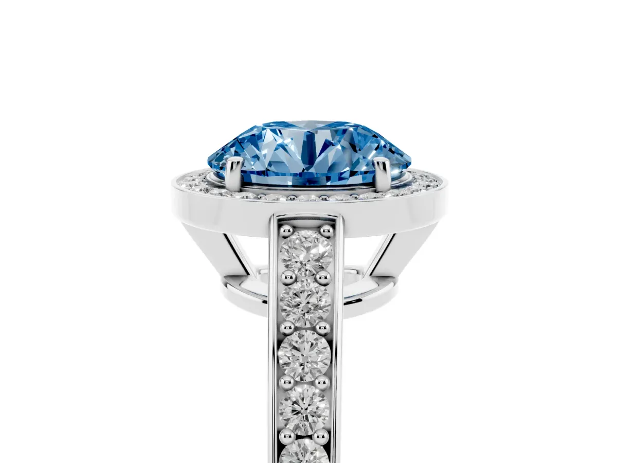 Fancy Blue Round Cut Halo Pavé Diamond Engagement Ring with Bezel Setting Silver