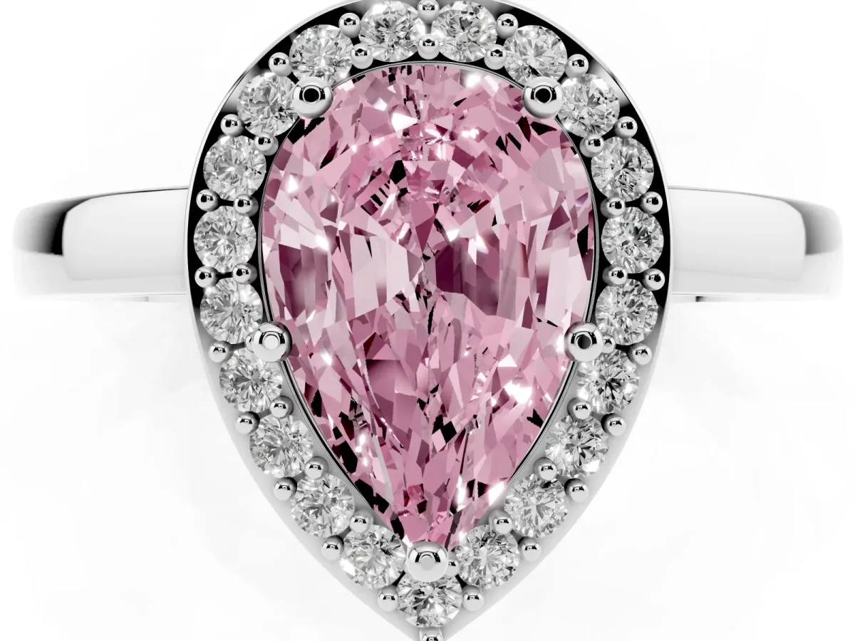 Fancy Pink Pear Cut Halo Diamond Ring with Solitaire Band and Prong Setting Silver