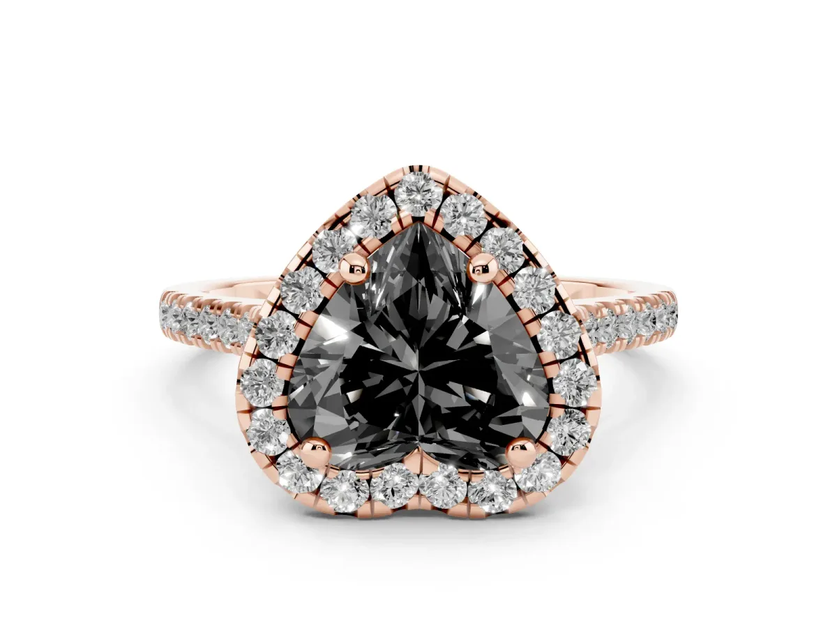 Fancy Black Heart Cut Diamond Cushion Halo Ring with Pavé Band Rose gold