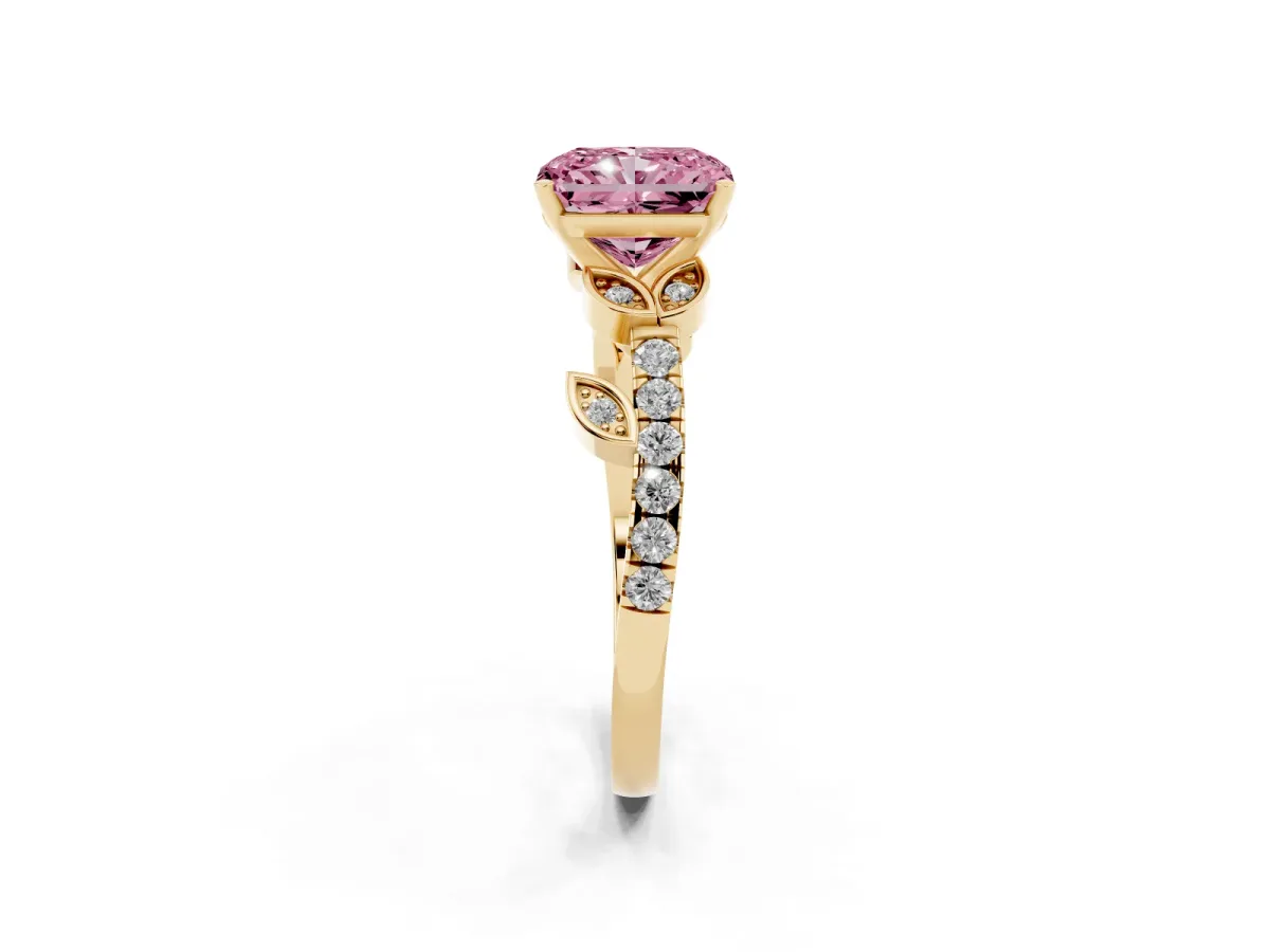 Fancy Pink Radiant Cut Solitaire Leaf-Inspired Diamond Ring with Pavé Band and Four-Prong Setting Yellow gold