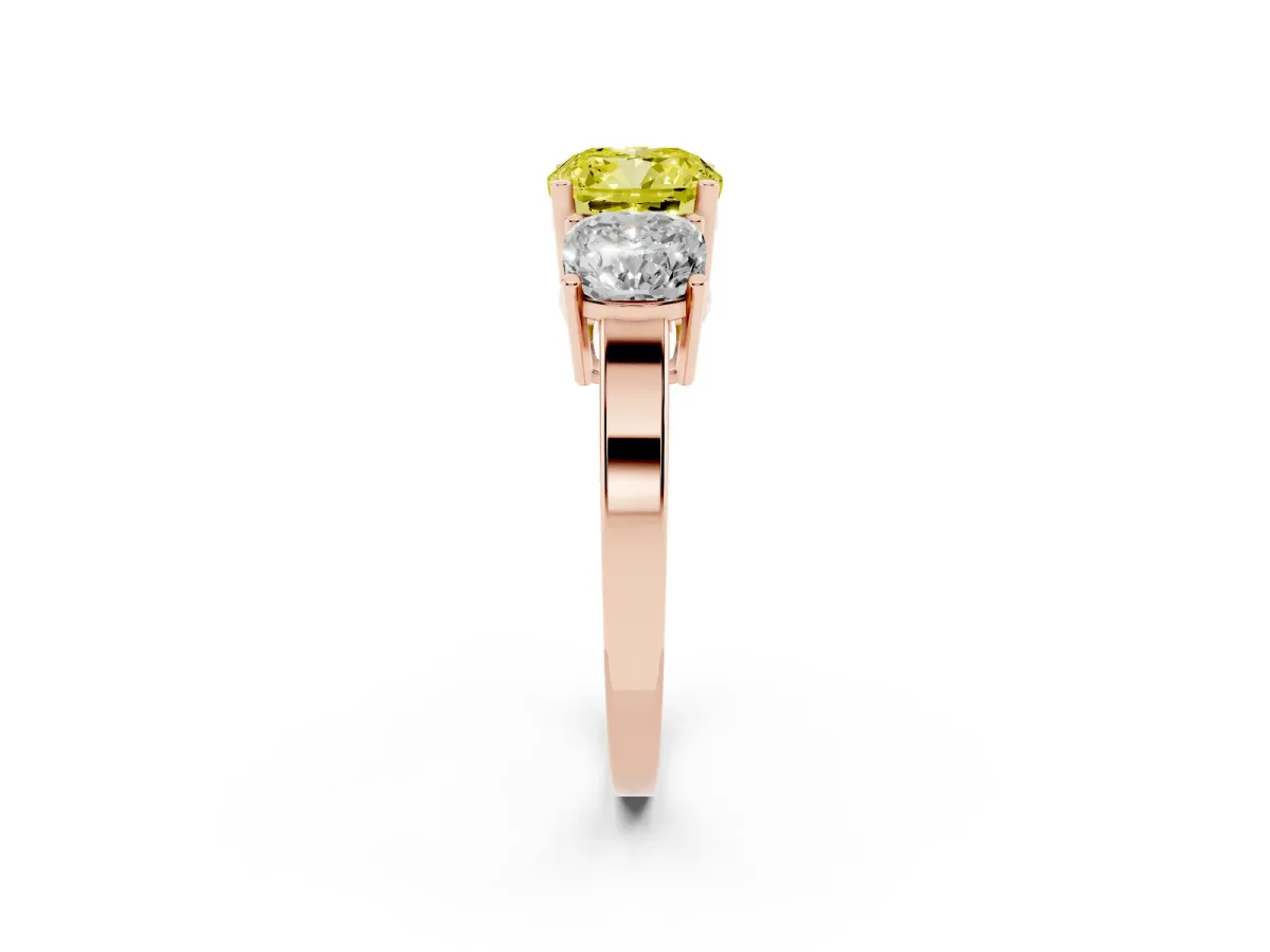 Fancy Yellow Three-Stone Cushion Cut Cut Diamond Engagement Ring with Flat Band and Four-Prong Setting Rose gold