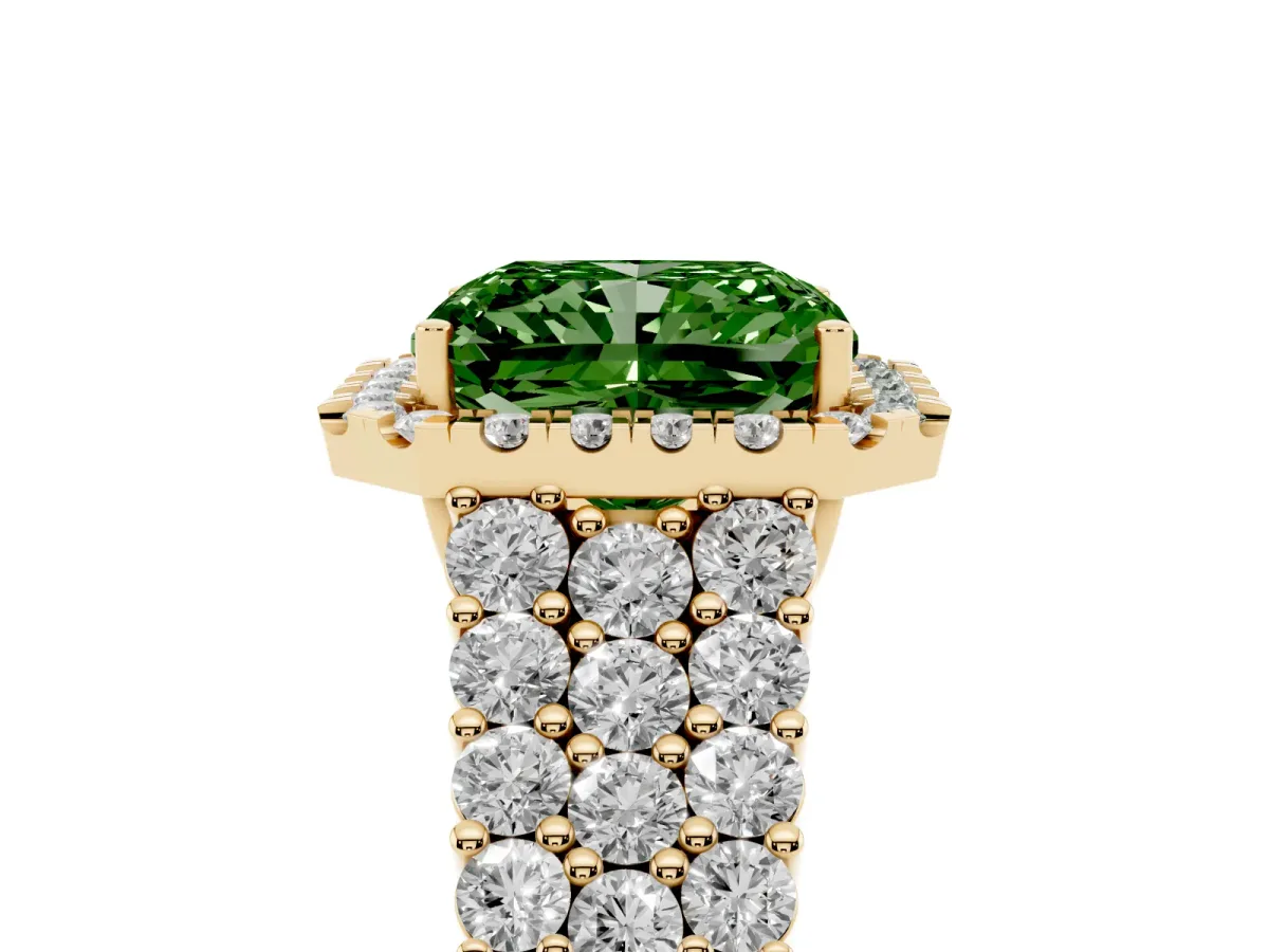 Fancy Green Radiant Cut Diamond Halo Engagement Ring with Triple Row Round Pavé Band and Prong Setting Yellow gold