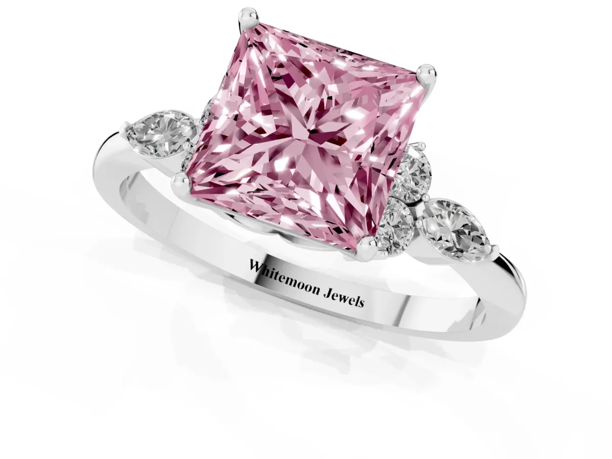 Fancy Pink Princess Cut Brilliant Diamond Solitaire Ring with Pear Side Stones and Four-Prong Setting White gold