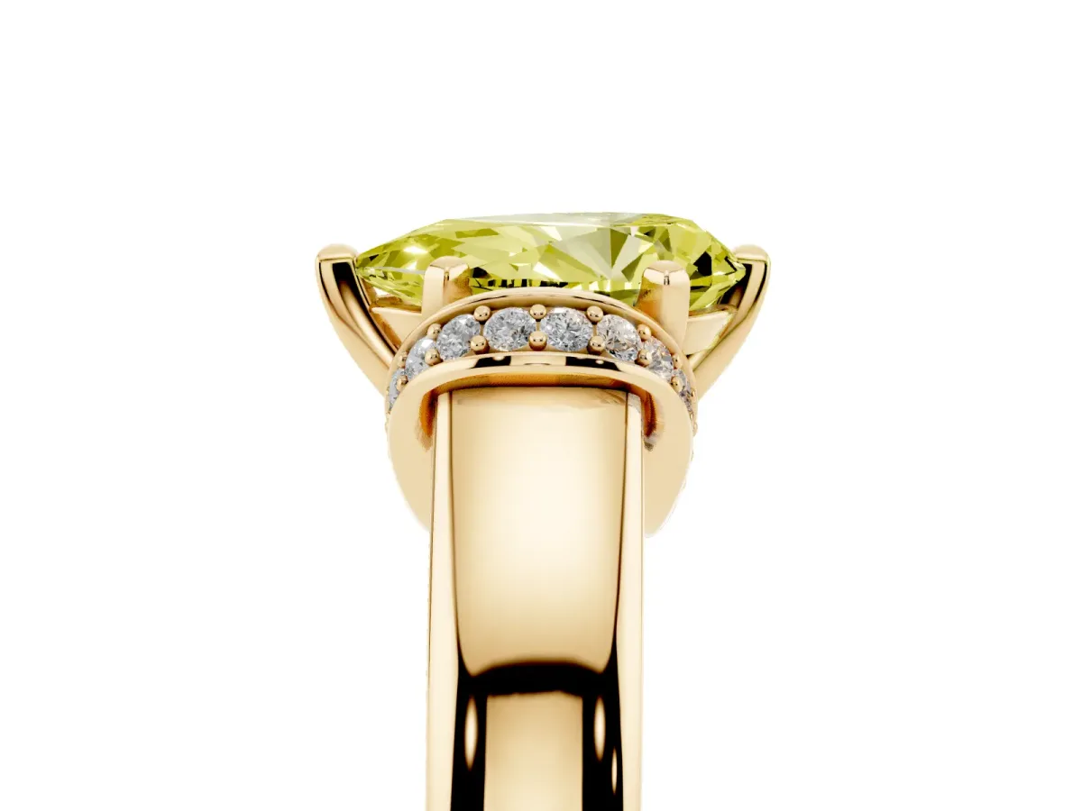 Fancy Yellow Pear Cut Solitaire Diamond Ring with Pave Band and Six-Prong Setting Yellow gold