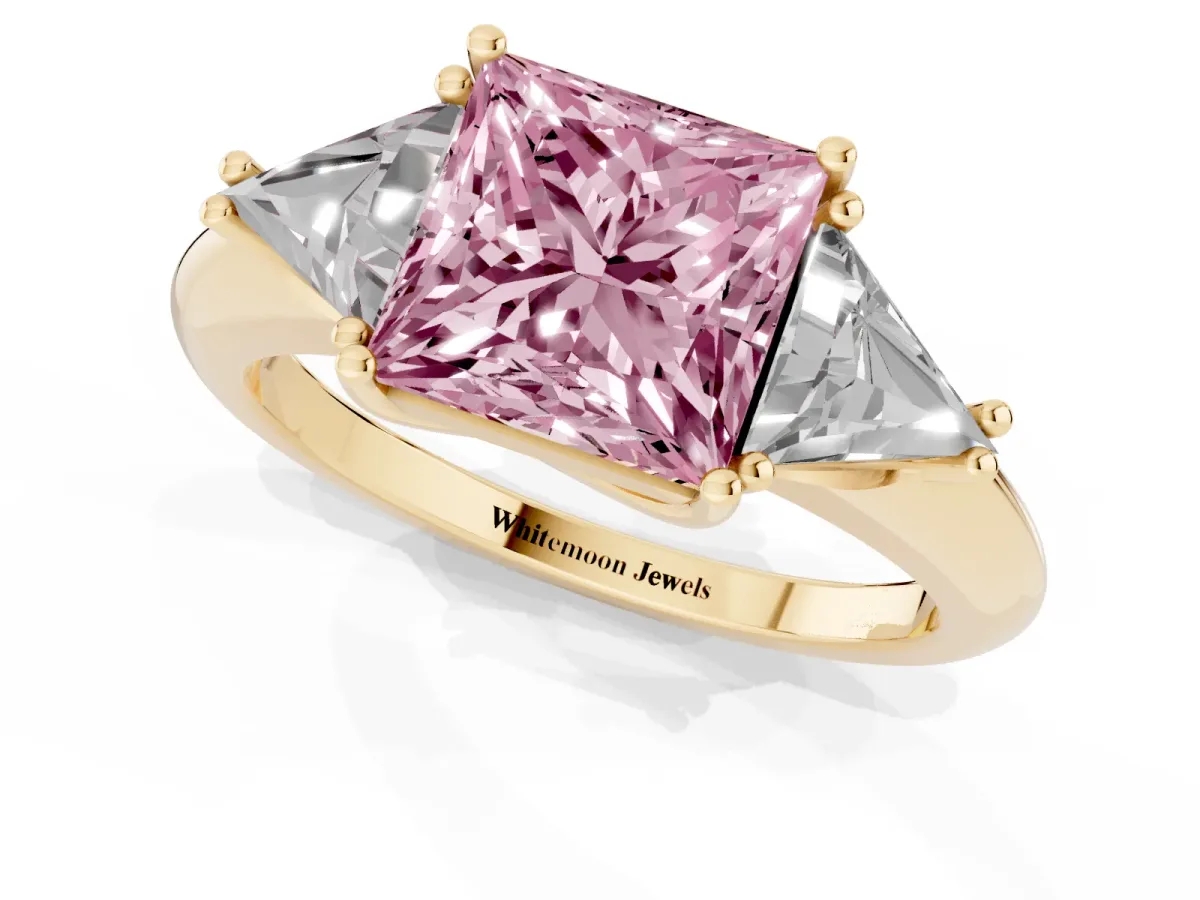 Fancy Pink Three-Stone Princess Cut Diamond Engagement Ring with Trillion Side Stones and Prong Setting Yellow gold