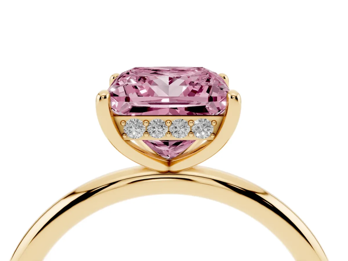 Fancy Pink Princess Cut Solitaire Diamond Ring with a Classic Band and Four-Prong Setting Yellow gold