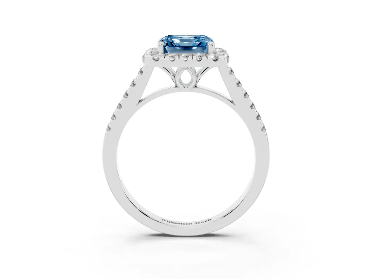 Fancy Blue Asscher Cut Halo Pavé Diamond Engagement Ring with Four-Prong Setting Silver