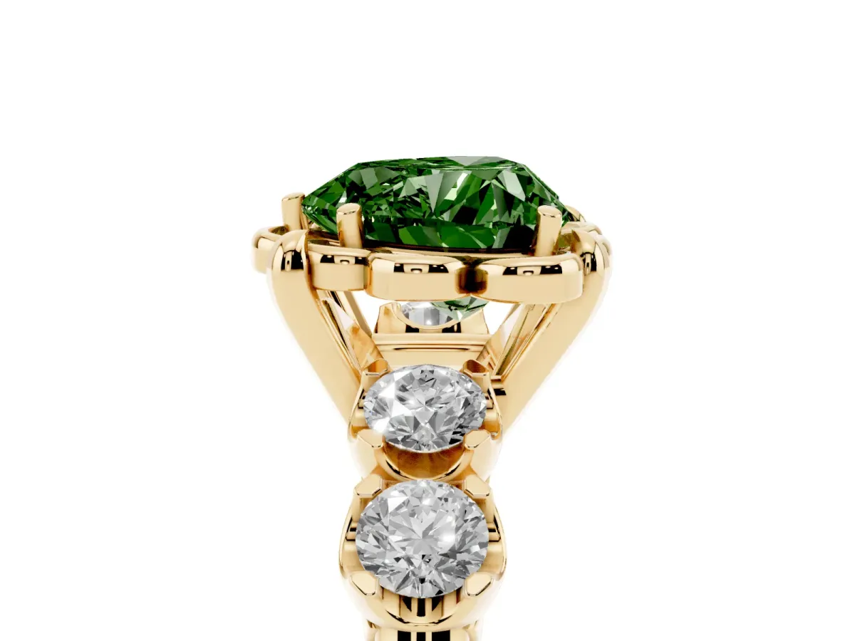 Fancy Green Heart Cut Cut Diamond Floral Halo Engagement Ring with Shared Prong Setting Yellow gold