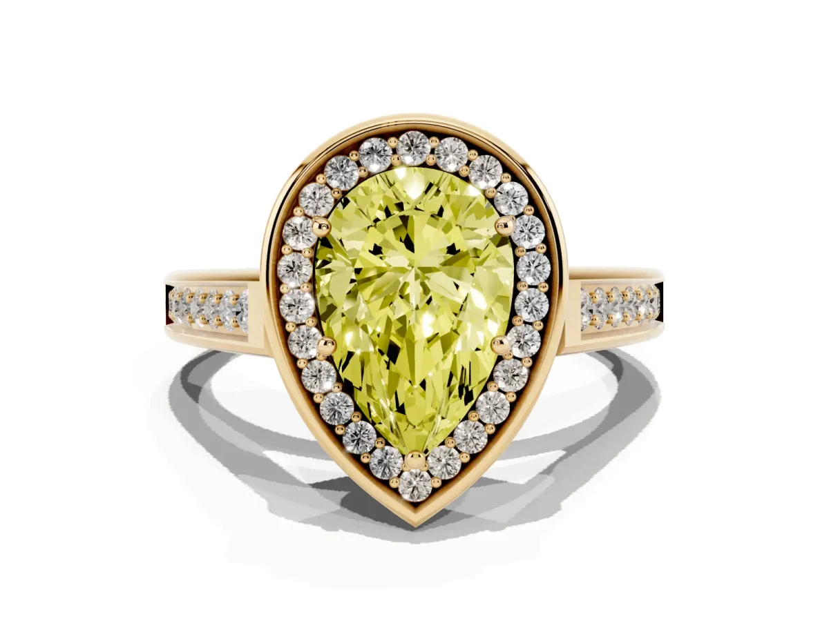 Fancy Yellow Pear Cut Halo Solitaire Diamond Ring with Pave Band and Bezel Setting Yellow gold