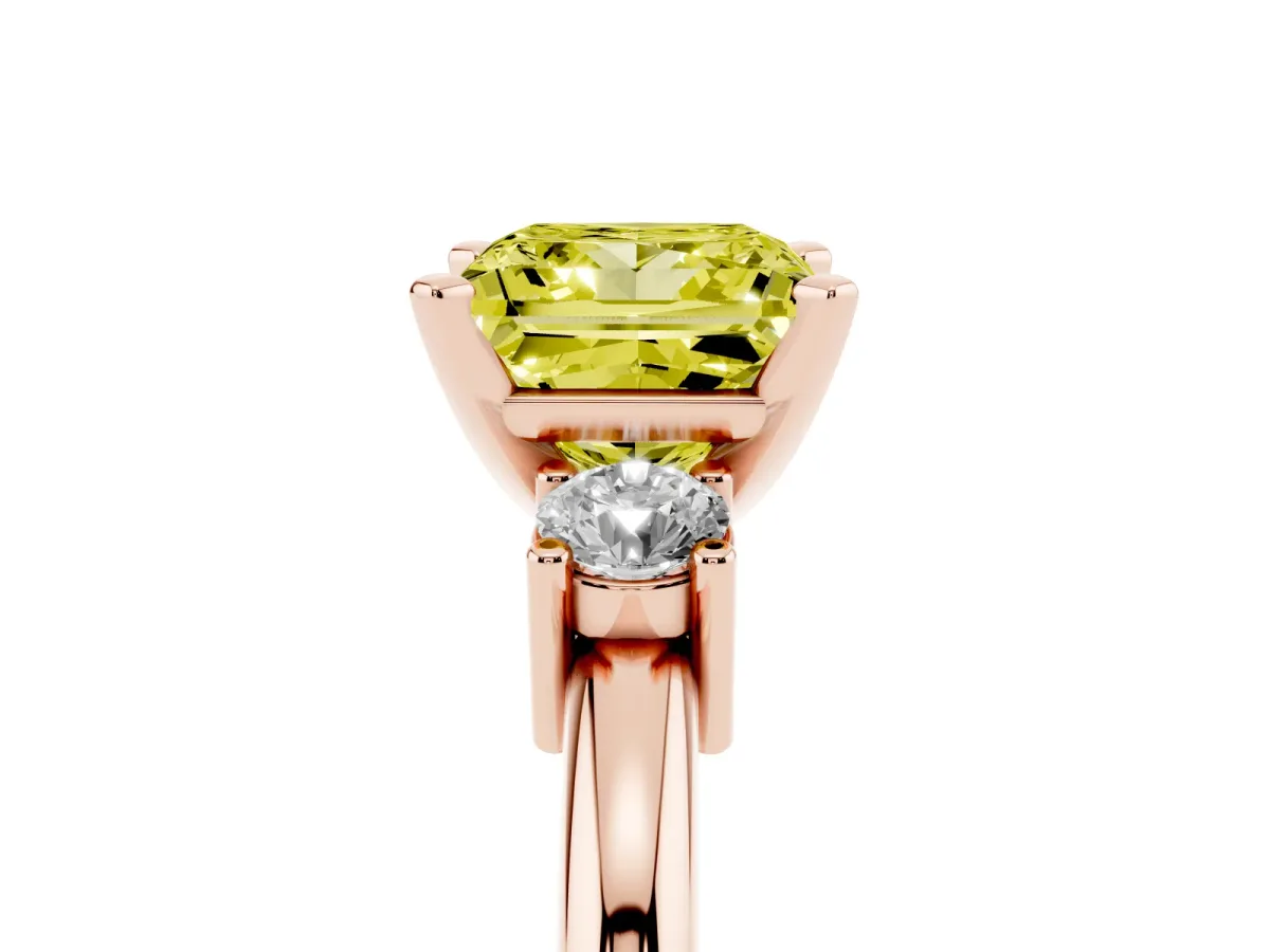 Fancy Yellow Three-Stone Princess Cut Cut Diamond Solitaire with Prong Setting and Classic Band Rose gold