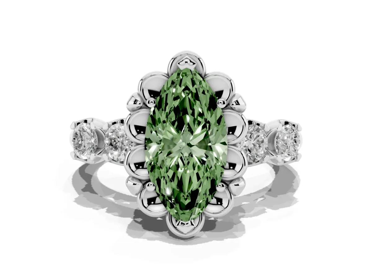 Fancy Green Marquise Cut Cut Diamond Floral Halo Engagement Ring with Shared Prong Setting Silver