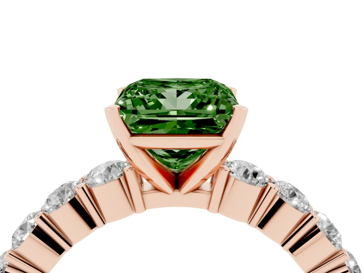 Fancy Green Princess Cut Diamond Solitaire Ring with Shared Prong Round Side Stones Rose gold