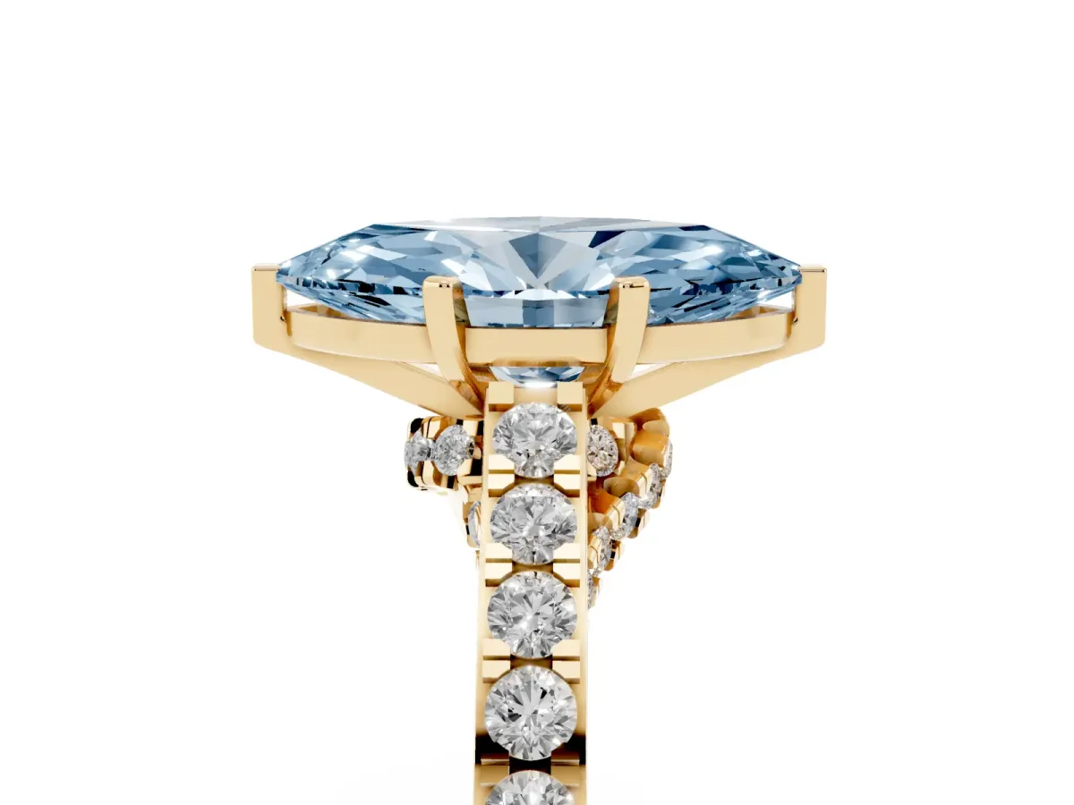 Fancy Blue Marquise Cut Diamond Solitaire Ring with Crossover Gallery and Round Pavé Band Yellow gold