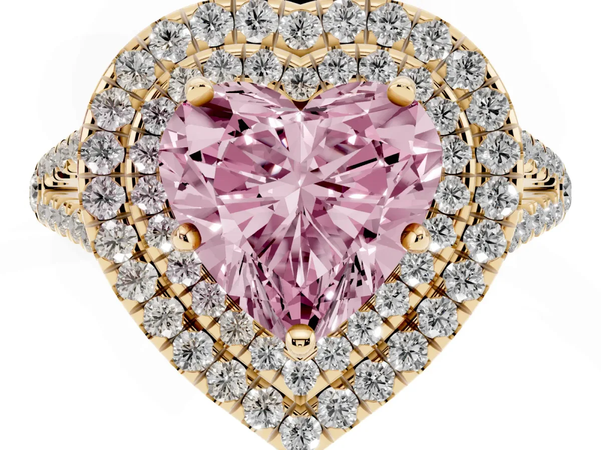 Fancy Pink Heart Cut Diamond Double Halo Ring with Pavé Band and Prong Setting Yellow gold
