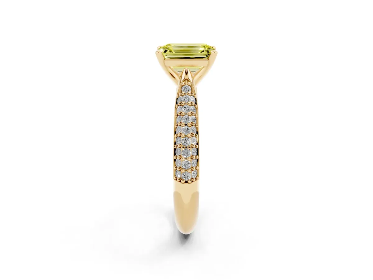 Fancy Yellow Emerald Cut Diamond Solitaire Engagement Ring with Multi-Row Round Pavé Band and Prong Setting Yellow gold