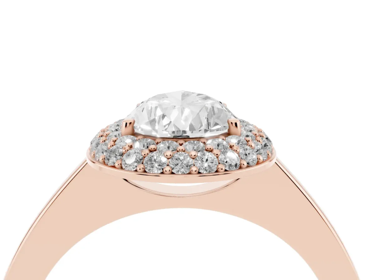 Pear Cut Halo Diamond Engagement Ring with Solitaire Band and Four-Prong Setting Rose gold
