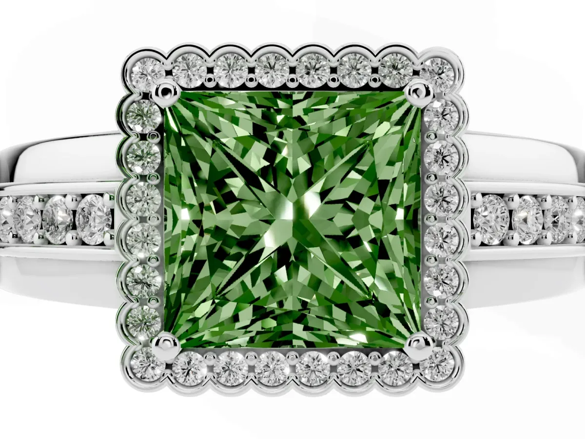 Fancy Green Princess Cut Cut Halo Pave Band Four-Prong Ring Silver