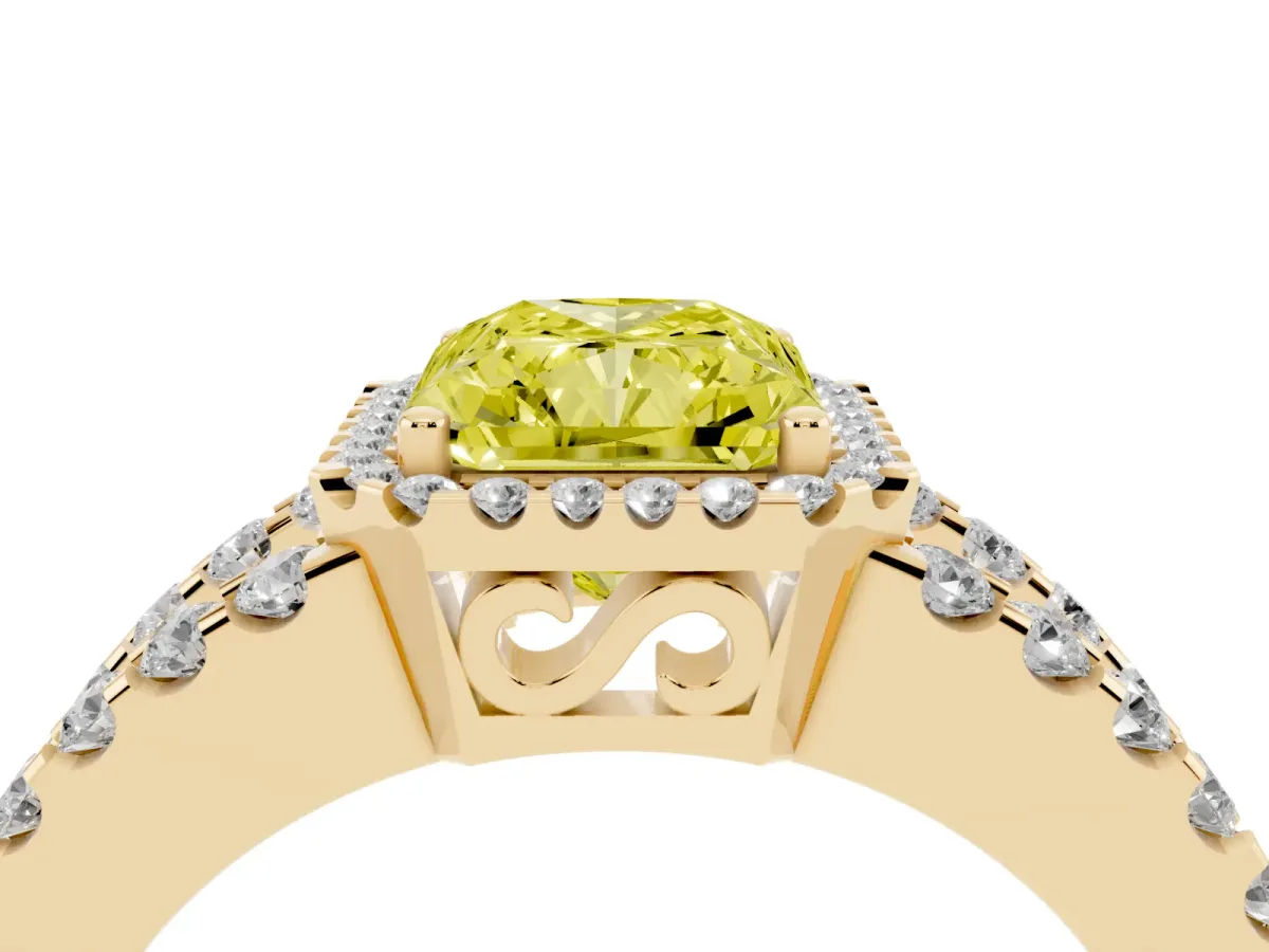 Fancy Yellow Radiant Cut Cut Halo Split Shank Diamond Ring with Four-Prong Setting Yellow gold