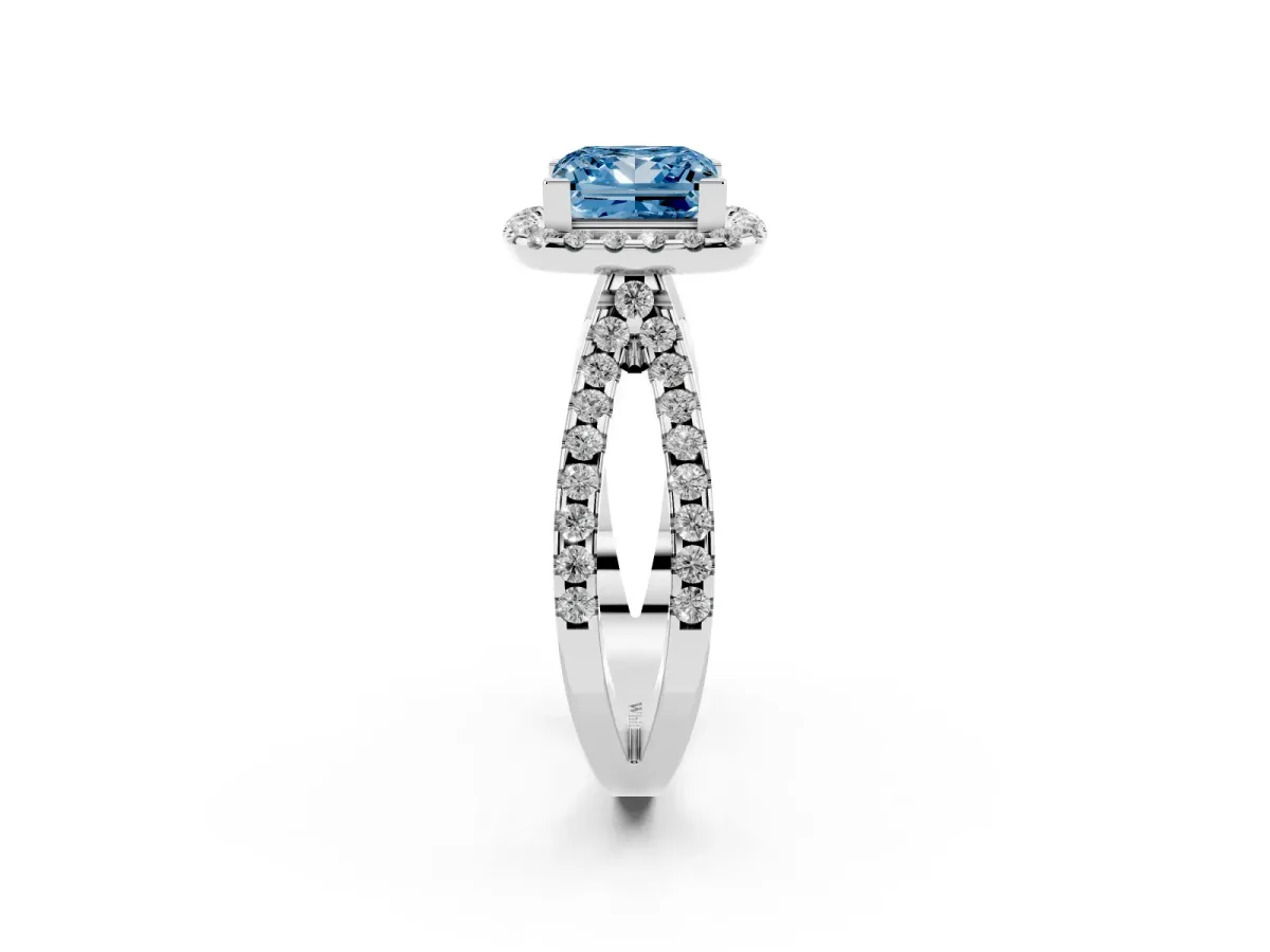 Fancy Blue Princess Cut Diamond Halo Ring with Split Shank Pavé Band and Prong Setting Silver