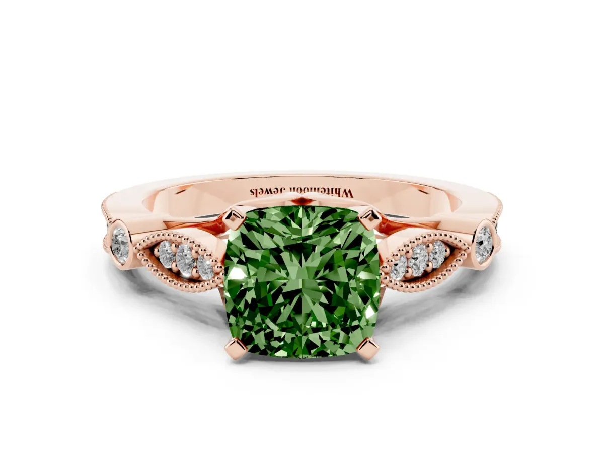 Fancy Green Cushion Cut Cut Diamond with Milgrain Marquise and Bezel Accents on a Solitaire Band with Prong Setting Rose gold