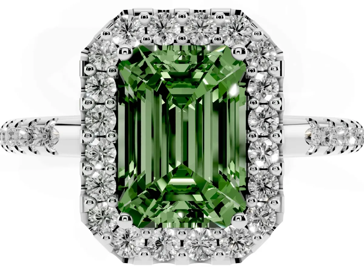 Fancy Green Emerald Cut Diamond Pavé Halo Ring with Four-Prong Setting Silver