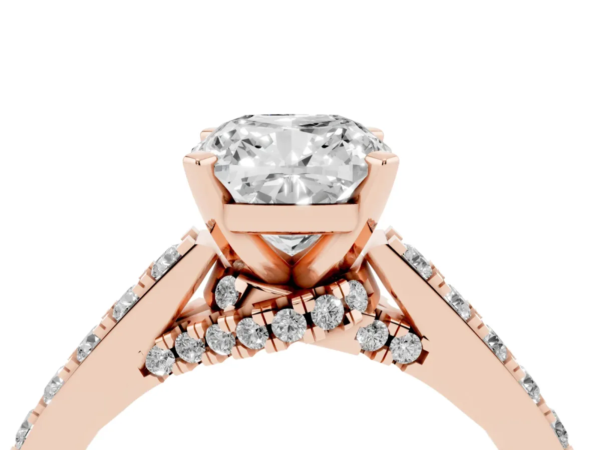 Cushion Cut Diamond Solitaire Ring with Crossover Gallery and Round Pavé Band Rose gold