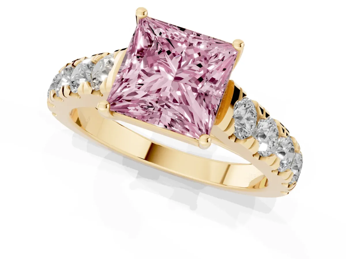 Fancy Pink Princess Cut Cut Diamond Solitaire Ring with Micro Pave Band and Prong Setting Yellow gold