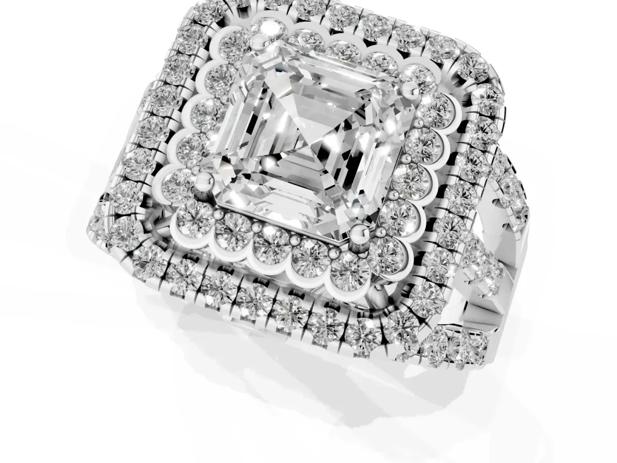 Asscher Cut Diamond Double Halo Ring with Round Pavé Split Shank and Prong Setting Silver