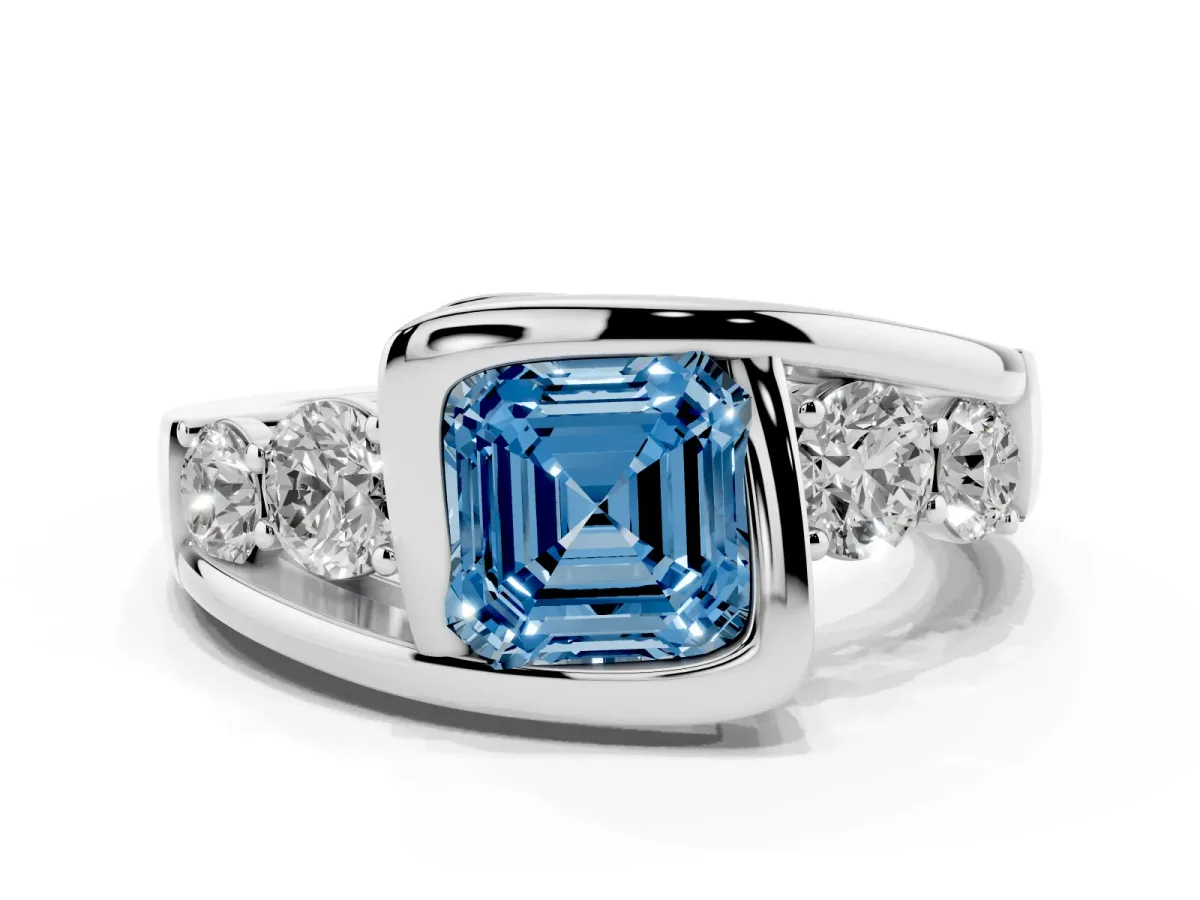 Fancy Blue Bezel Set Asscher Cut Diamond Bypass Ring with Round Accents Platinum