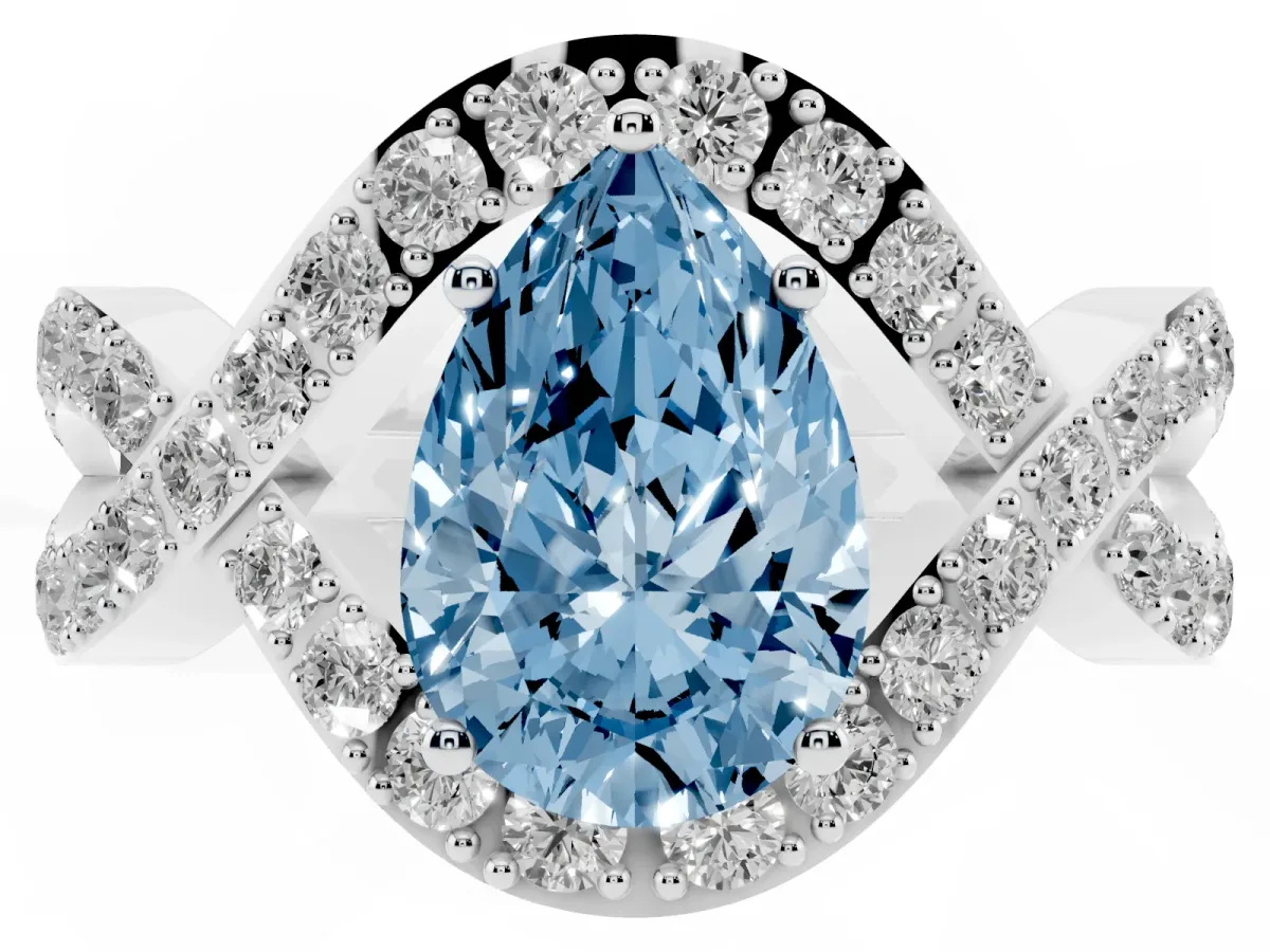 Fancy Blue Pear Cut Solitaire Twist Band Pavé Diamond Engagement Ring Silver
