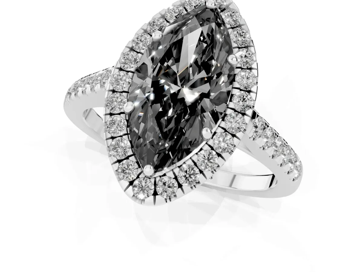 Fancy Black Marquise Cut Halo Pave Diamond Engagement Ring with Four-Prong Setting Platinum