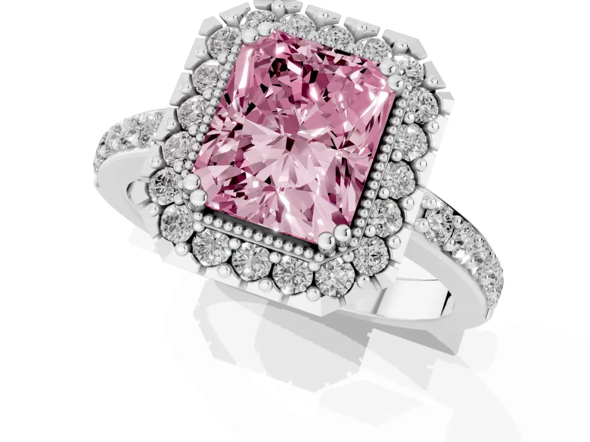 Fancy Pink Radiant Cut Diamond Halo Ring with Pavé Band and Prong Setting Silver