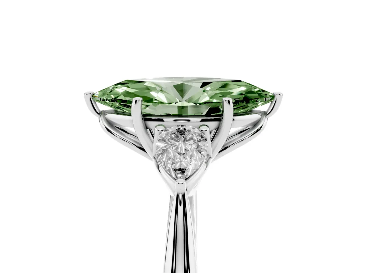 Fancy Green Three-Stone Marquise Cut Brilliant Diamond Solitaire Ring with Tapered Band and Four-Prong Setting Silver