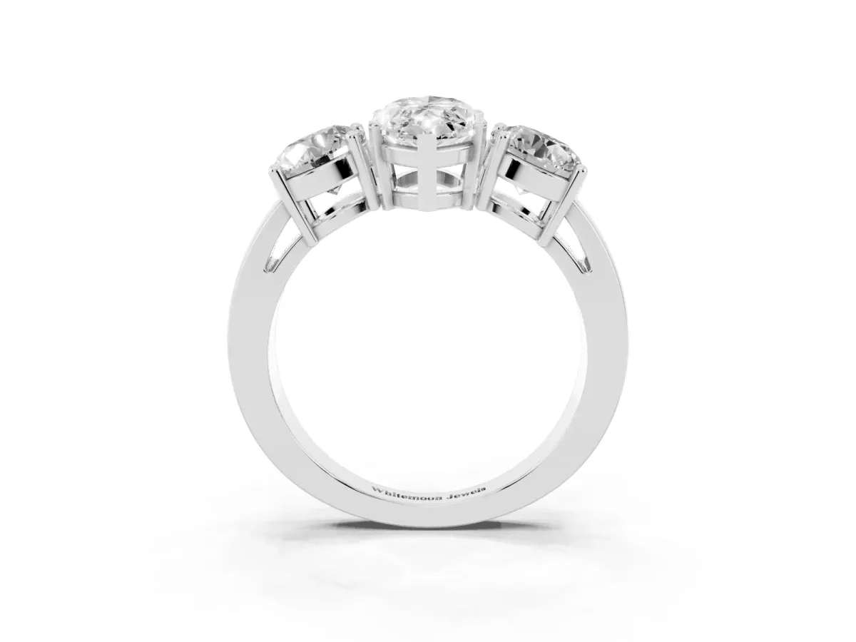 Three-Stone Marquise Cut Diamond Ring with Round Side Stones, Classic Band, and Four-Prong Setting Silver