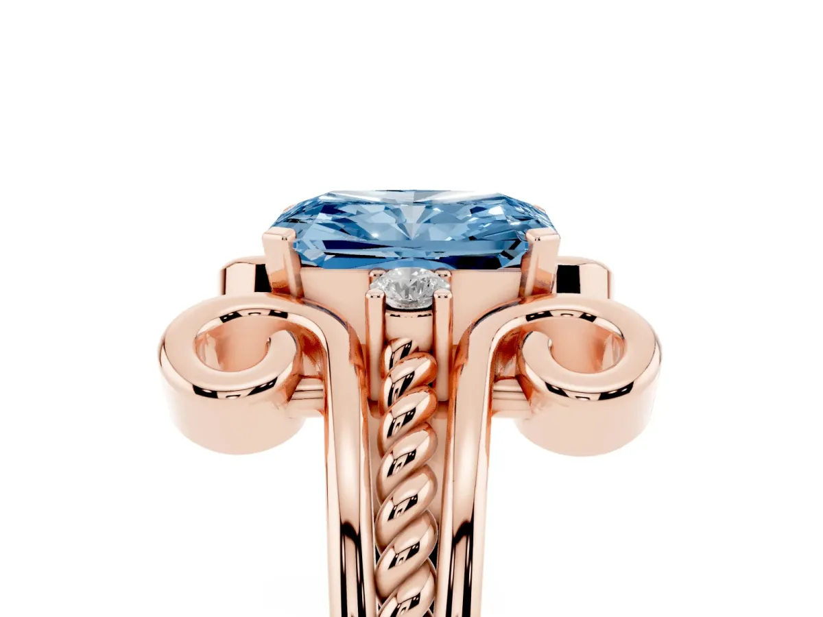 Fancy Blue Radiant Cut Solitaire Twisted Band Scroll Prong Ring Rose gold