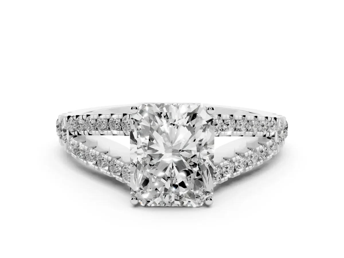 Radiant Cut Diamond Split Shank Engagement Ring with Round Pavé and Prong Setting Silver