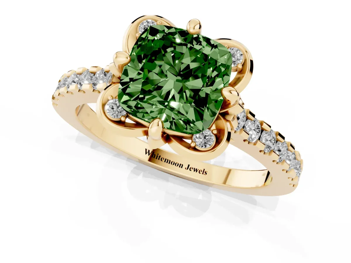 Fancy Green Cushion Cut Diamond Ring with Pavé Band and Floral Prong Setting Yellow gold