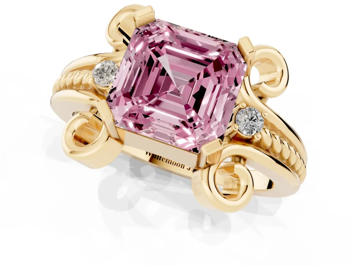 Fancy Pink Asscher Cut Solitaire Twisted Band Scroll Prong Ring Yellow gold
