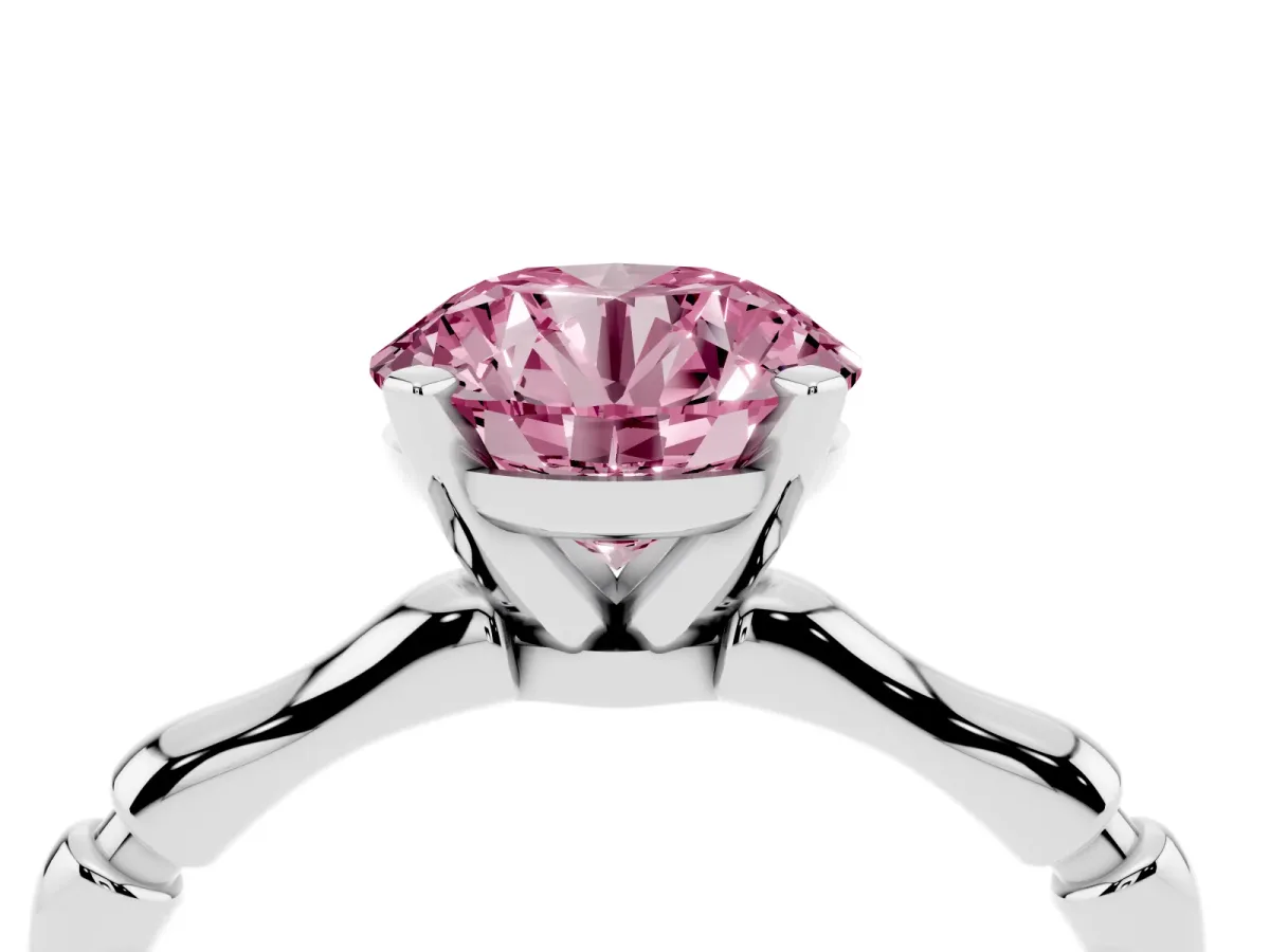 Fancy Pink Round Cut Solitaire Diamond Ring with Bamboo Band and Four-Prong Setting Silver
