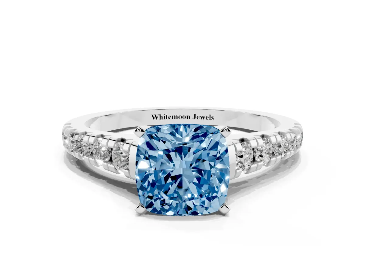 Fancy Blue Cushion Cut Diamond Cathedral Solitaire Ring with Round Pavé Band Silver