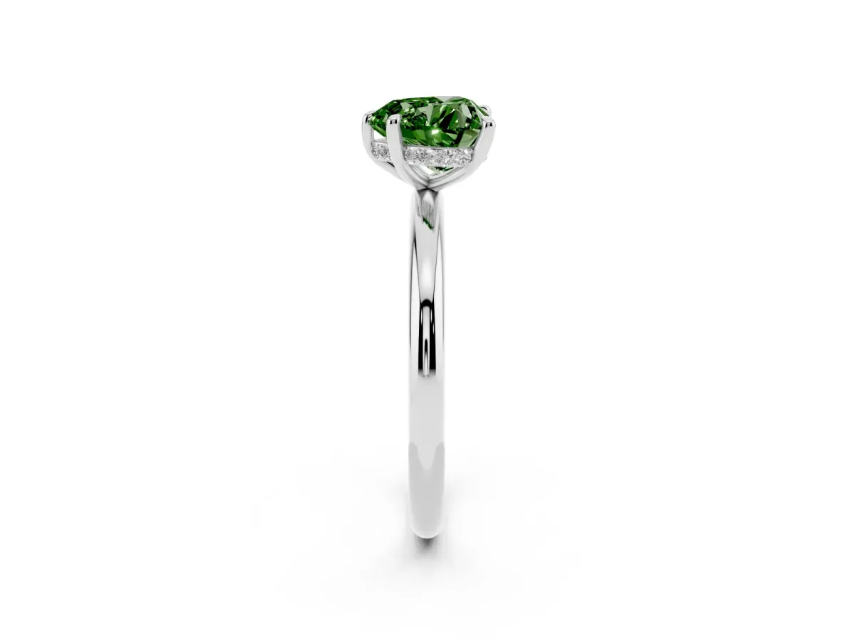 Fancy Green Heart Cut Diamond Solitaire Ring with Thin Band and Four-Prong Setting Platinum