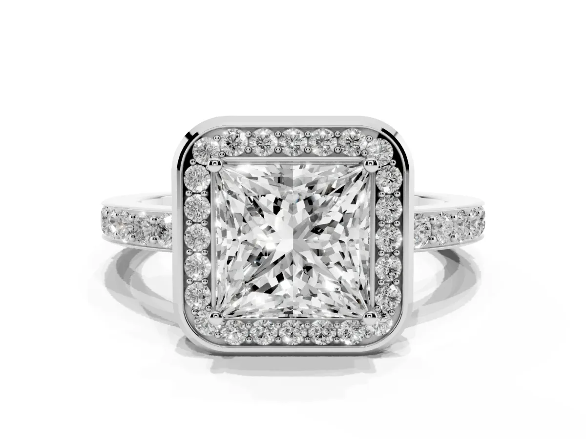 Princess Cut Diamond Halo Ring with Bezel Frame and Pavé Band Silver