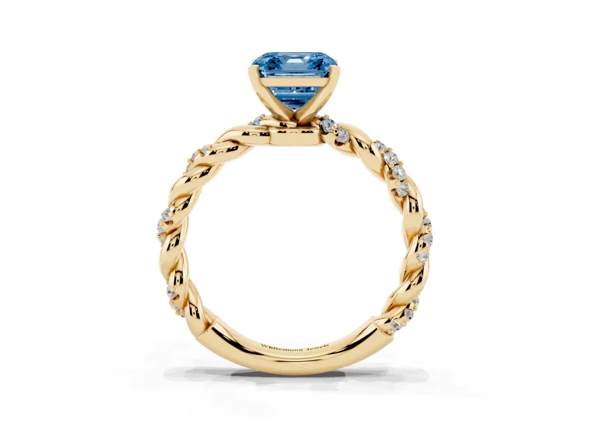 Fancy Blue Asscher Cut Diamond Solitaire Ring with Twisted Band and Pavé Accents Yellow gold
