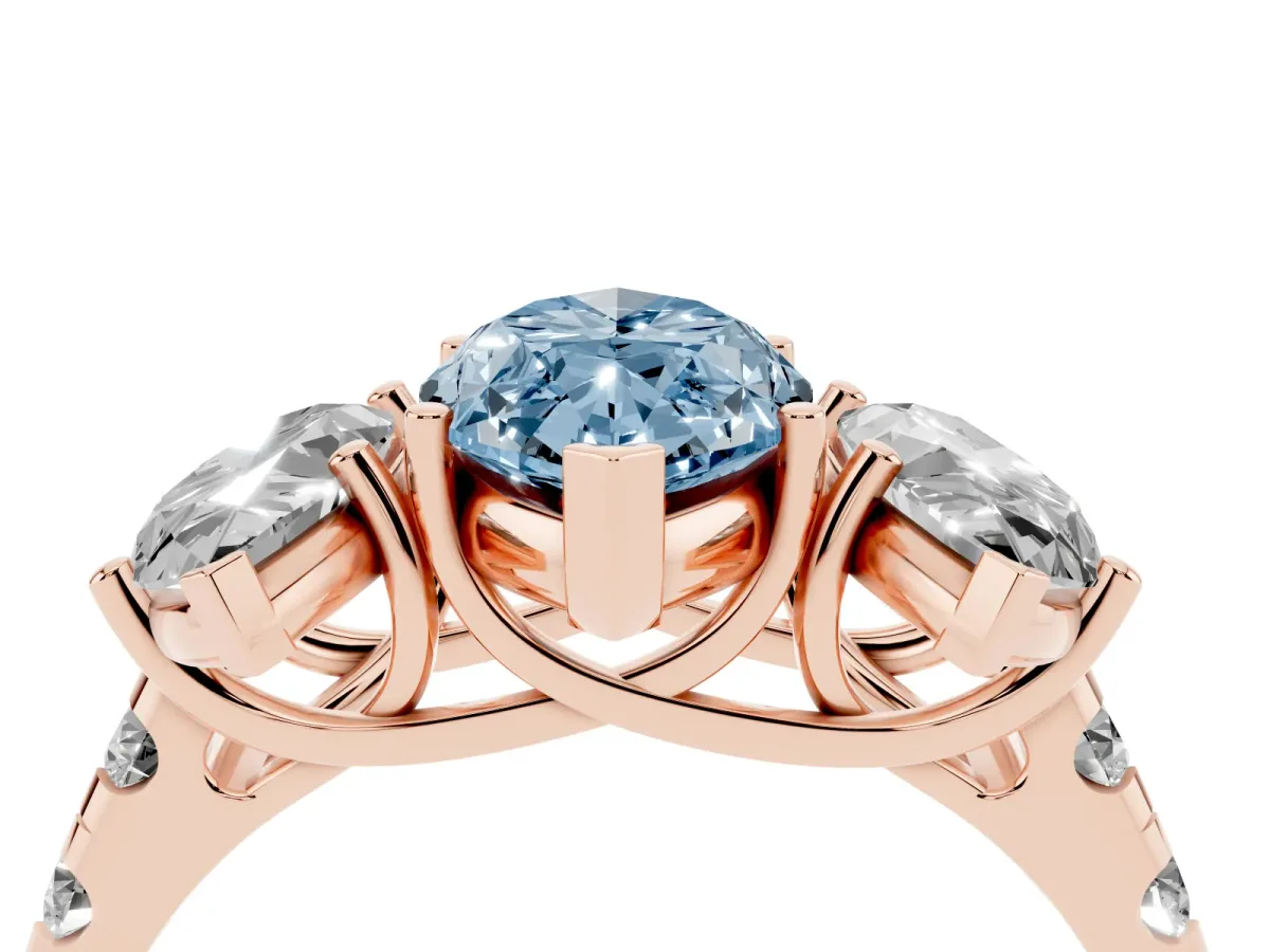 Fancy Blue Three-Stone Marquise Cut Diamond Pavé Band with Prong Setting Rose gold