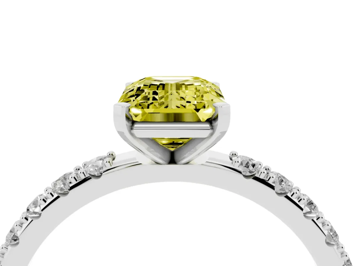 Fancy Yellow Emerald Cut Diamond Solitaire Pavé Band with Four-Prong Setting Silver